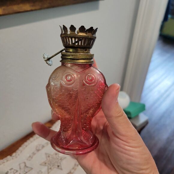 Vtg Mini Oil Lamp Cranberry glass globe with fish bottom RARE Flaw Old World - Picture 7 of 12